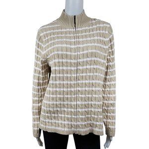 L.L. Bean Women Large Zip Front Cardigan  100% Cotton Cable Knit Brown White